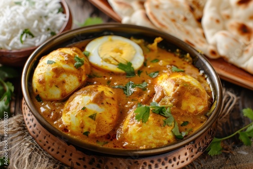 Egg curry with Jeera Rice or naan on colorful table top focus on food photo