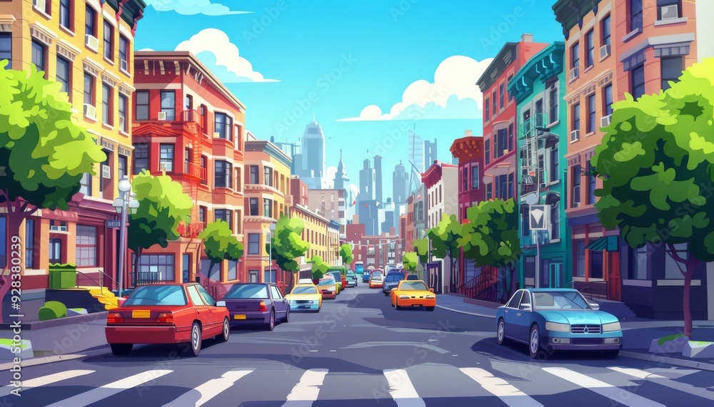 Obraz premium Vibrant city street scene. Sunny day in the city. Colorful city street view. Cartoon 2d cityscape illustration background.