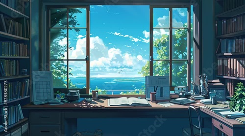 Book resting on a table in a room with a large window offering a stunning view of a serene beach landscape.
 Seamless looping 4k time-lapse virtual video animation Generated AI