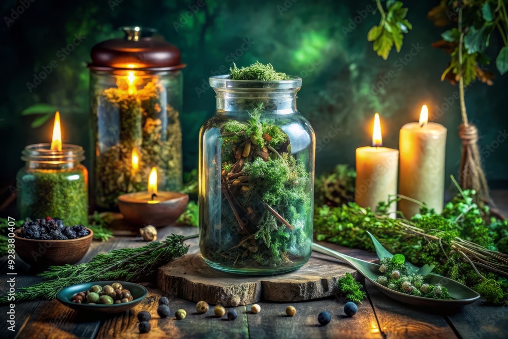 Fototapeta premium Mystical apothecary jar filled with lush green herbs and dried botanicals, surrounded by candles and eerie shadows, evoking ancient magical rituals and spellbinding practices.