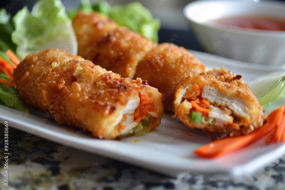Egg roll with chicken lettuce and carrots on a plate Egg roll with chicken lettuce and carrots on a plate