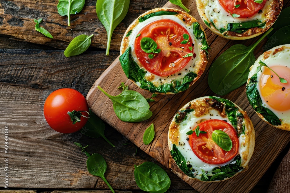 Egg white breakfast cups with spinach and tomato on wooden board top view Egg white breakfast cups with spinach and tomato on wooden board top view