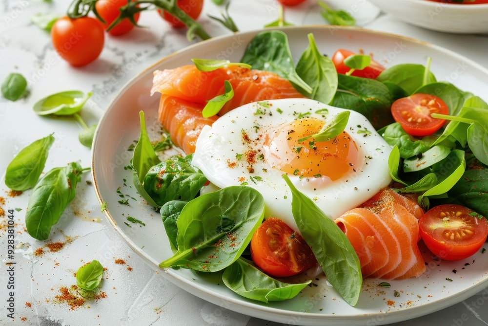 Egg with salmon tomato and spinach on a light surface Egg with salmon tomato and spinach on a light surface
