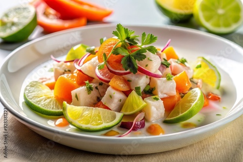 Stunning, macro close-up of juicy, slow-cooked Ceviche, bursting with freshness, citrus, and oceanic flavors, set against a minimalist, white background, dramatic lighting.