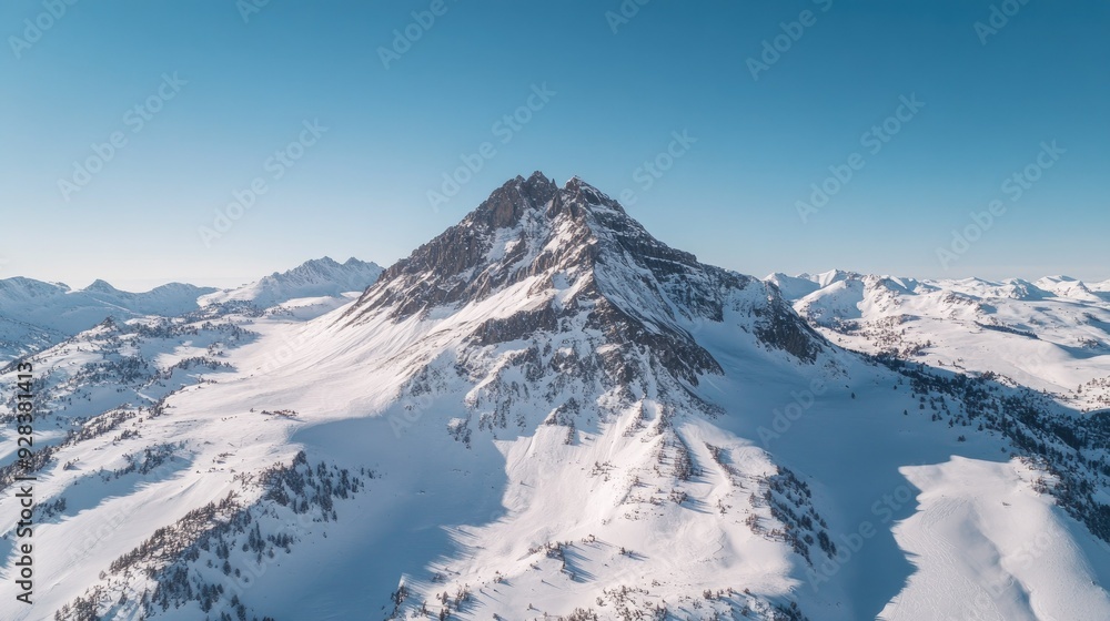 Obraz premium Aerial view of a snowy mountain peak under a clear blue sky.