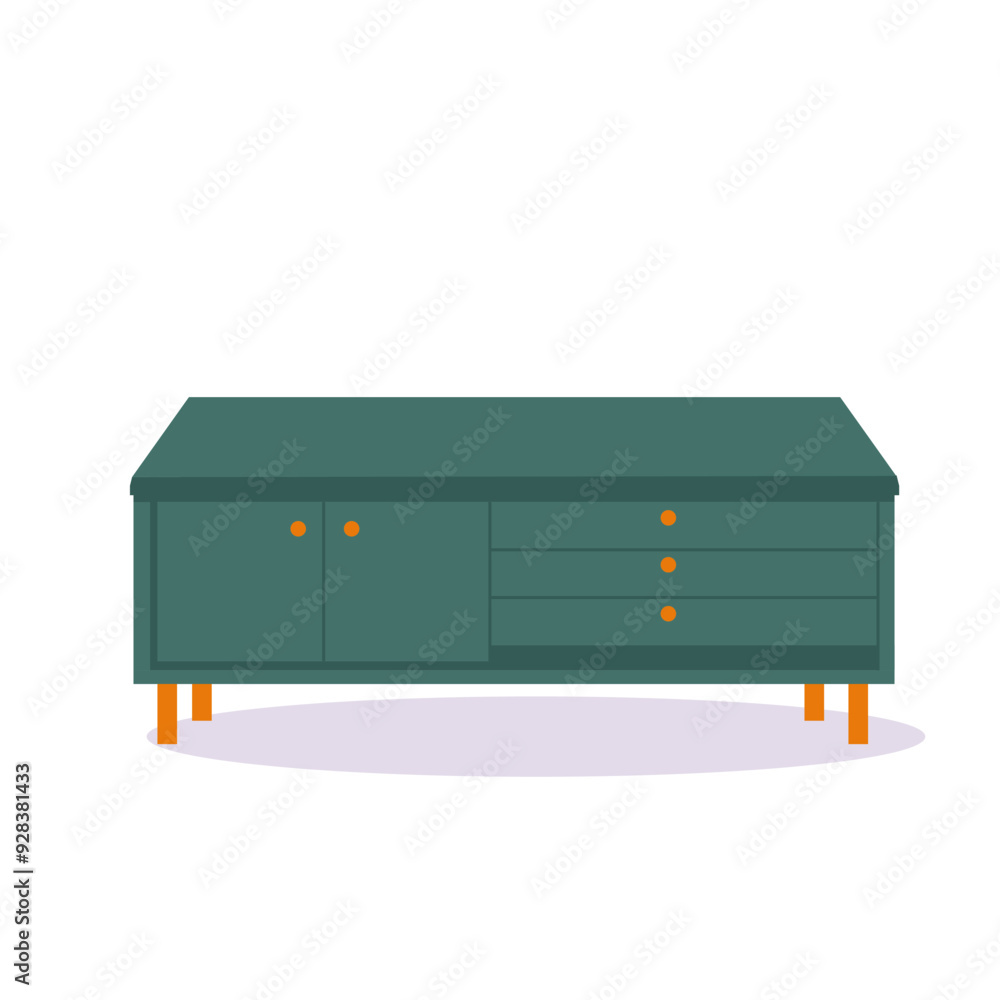 Green chest of drawers, bedside table set. Vector furniture icon in flat design. Wooden textured dresser, commode. House equipment for bedroom, living room isolated on white background.