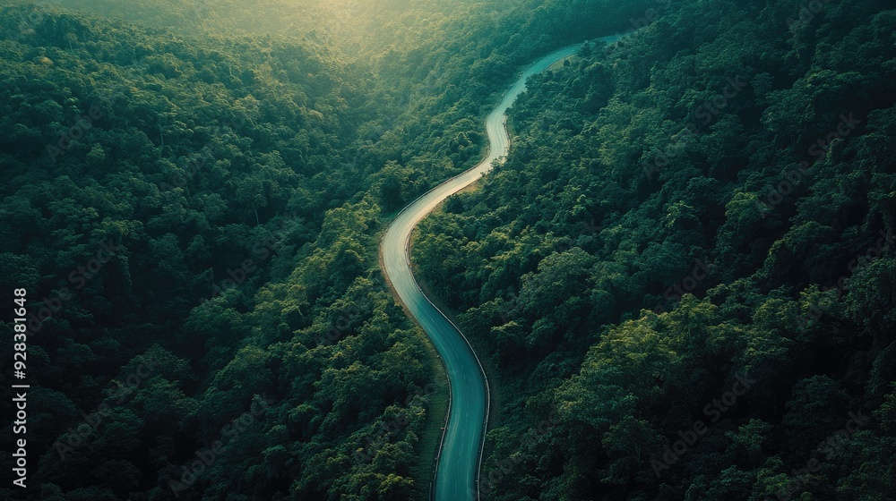 Aerial view of a winding mountain road cutting through dense forest. Aerial view of a winding mountain road cutting through dense forest.