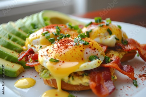 Eggs Benedict with bacon and avocado