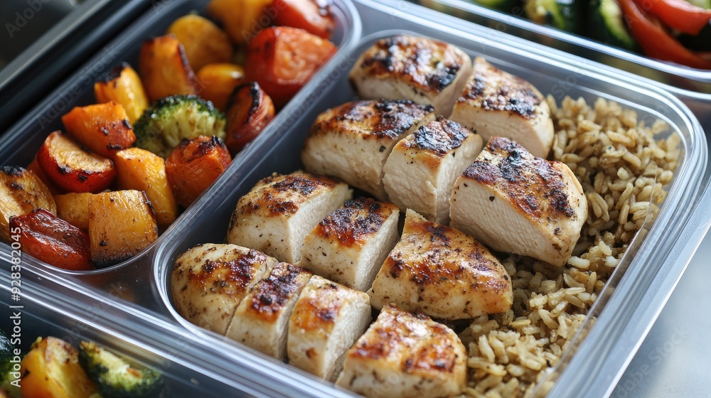 A balanced meal prep with grilled chicken, brown rice, and roasted vegetables in meal containers A balanced meal prep with grilled chicken, brown rice, and roasted vegetables in meal containers