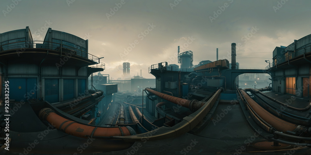 Naklejka premium Full 360 degrees seamless spherical panorama HDRI equirectangular projection of A Dystopian gritty urban landscape. Texture environment map for lighting and reflection source rendering 3d scenes. 