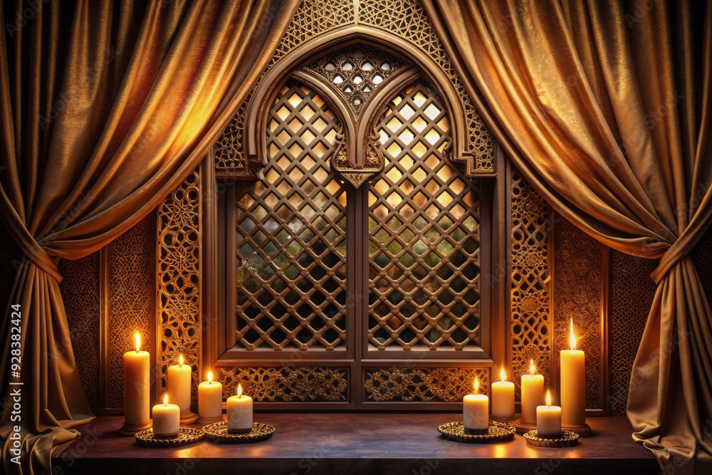 Obraz premium Golden Arabian Nights-inspired window with ornate latticework, velvet drapes, and soft candlelight, exuding romance and mystery in warm, muted tones.