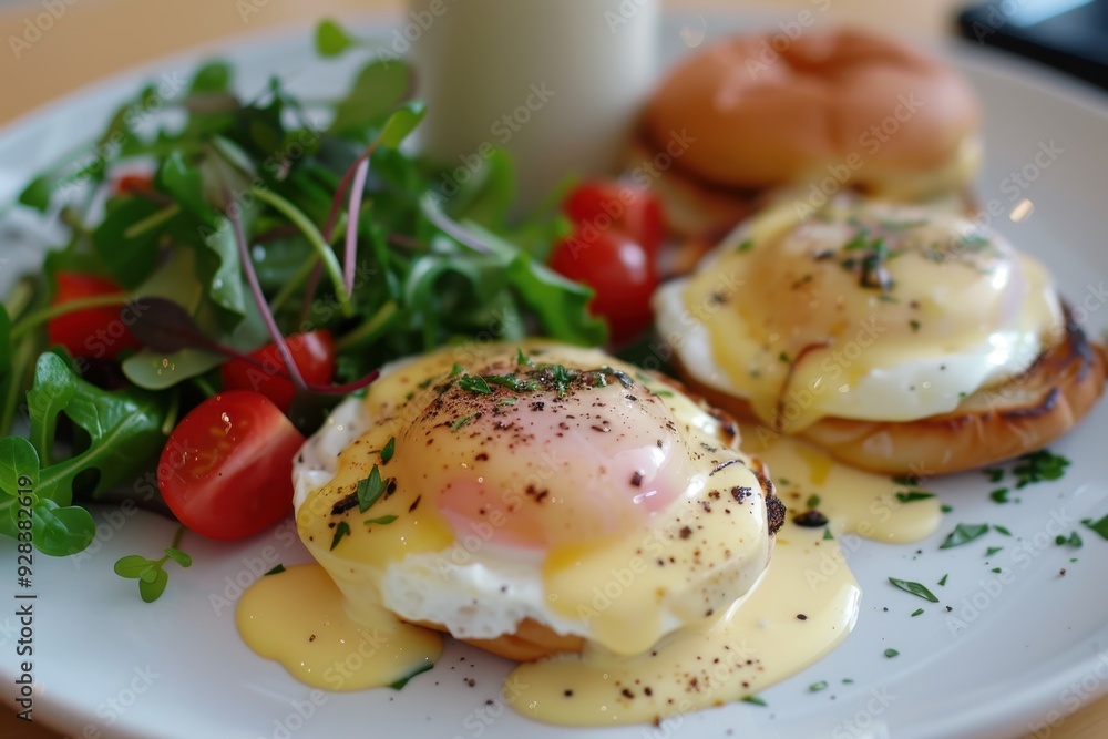 Eggs Benedict with side salad milk fresh herbs Eggs Benedict with side salad milk fresh herbs