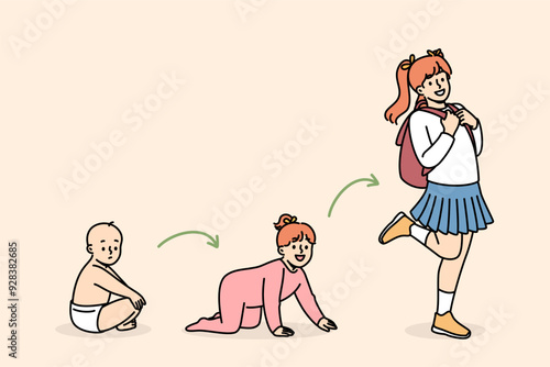 Life cycle of little girl becoming schoolgirl with backpack from baby in diapers. Concept of childhood milestones or stages of person development and life cycle from infancy to pre-adolescence