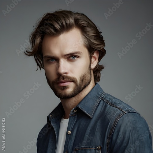 portrait of a man, Portrait of a young man with combed hair and a tidily groomed beard wearing a dark shirt, 