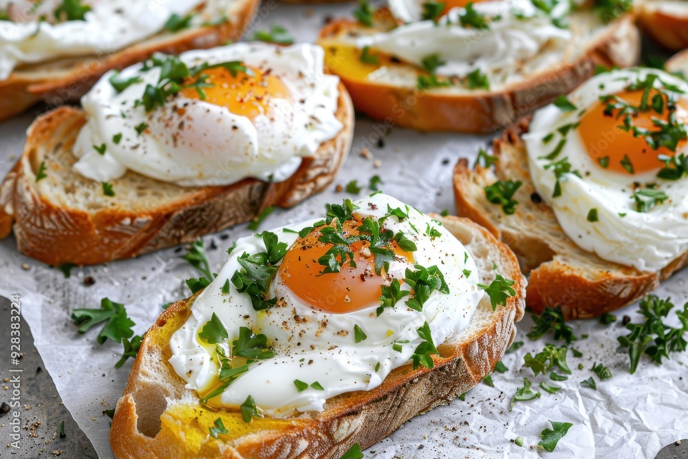Eggs poached on baguette slices Eggs poached on baguette slices