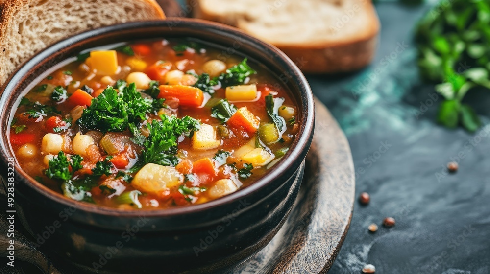 A bowl of homemade vegetable soup with a slice of whole grain bread. A bowl of homemade vegetable soup with a slice of whole grain bread.