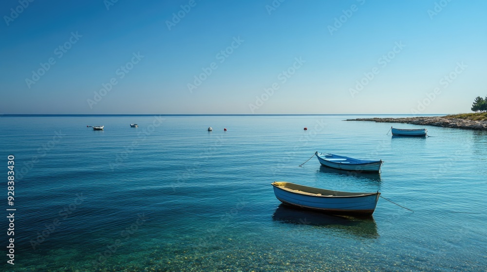 A calm blue sea with small boats floating peacefully near the shore. A calm blue sea with small boats floating peacefully near the shore.