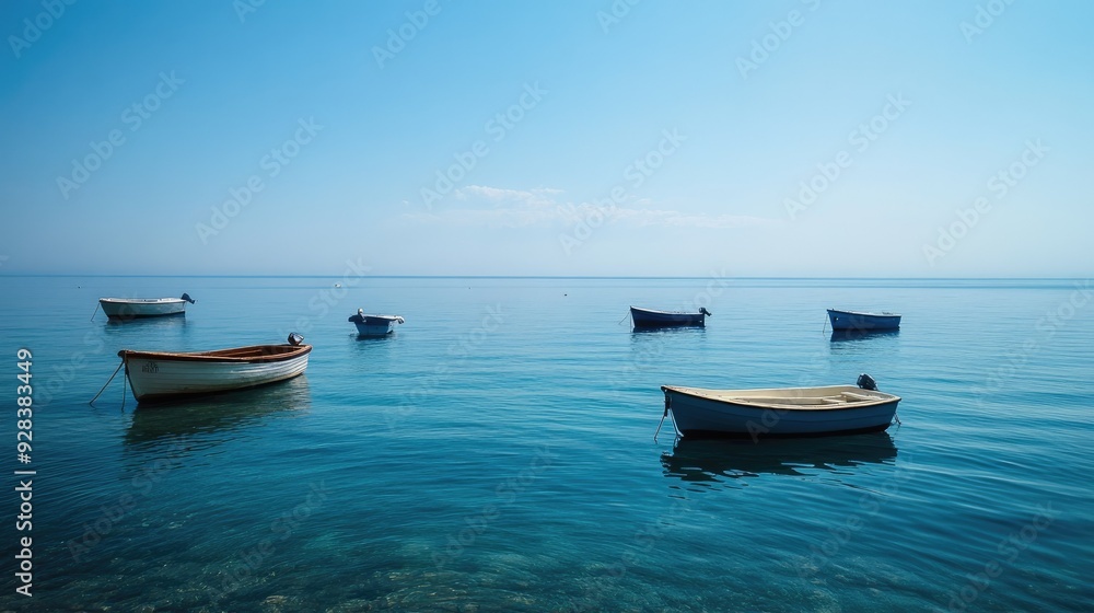 A calm blue sea with small boats floating peacefully near the shore. A calm blue sea with small boats floating peacefully near the shore.