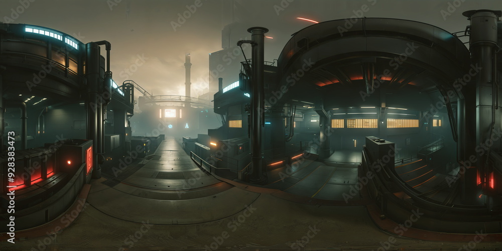Fototapeta premium Full 360 degrees seamless spherical panorama HDRI equirectangular projection of dystopian cyberpunk steampunk street. Texture environment map for lighting and reflection source rendering 3d scenes. 