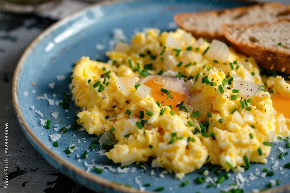 Eggs with onion chives and bread on a blue plate Eggs with onion chives and bread on a blue plate