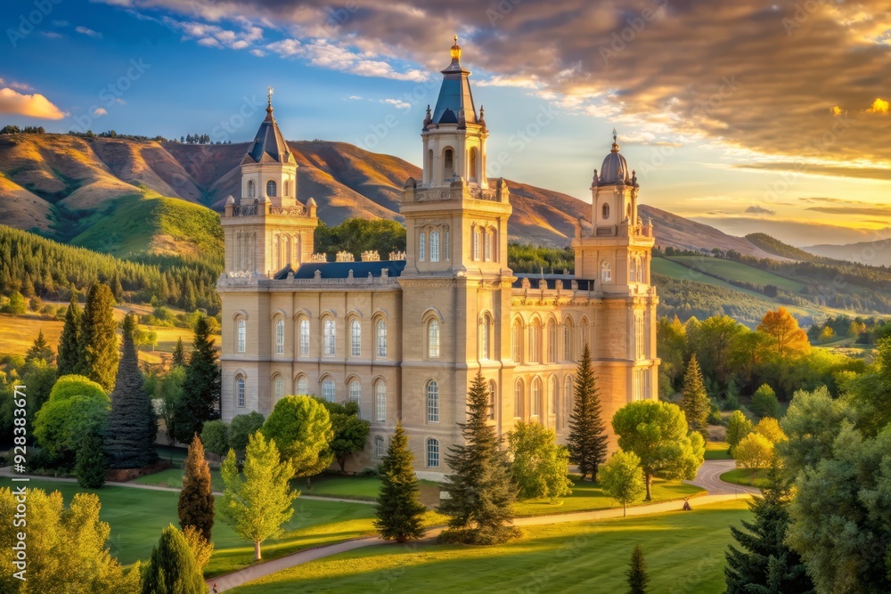 Obraz premium Sерene morning scene featuring the historic Manti Utah Temple glowing in warm golden sunlight surrounded by lush green landscapes and mountains.