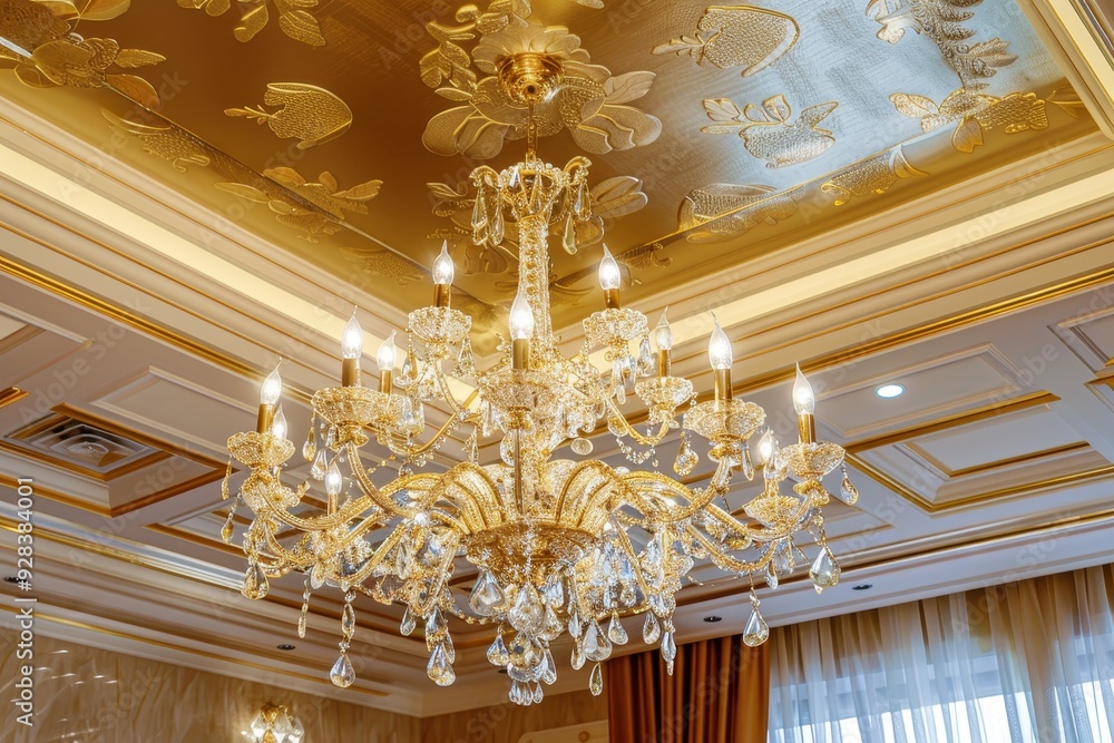 Elegant chandelier with crystal light on golden ceiling in room Elegant chandelier with crystal light on golden ceiling in room