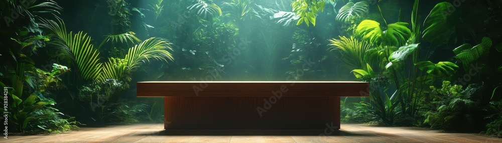 Modern Wooden Bench in Lush Green Tropical Jungle with Sunlight Filtering Through Foliage Modern Wooden Bench in Lush Green Tropical Jungle with Sunlight Filtering Through Foliage