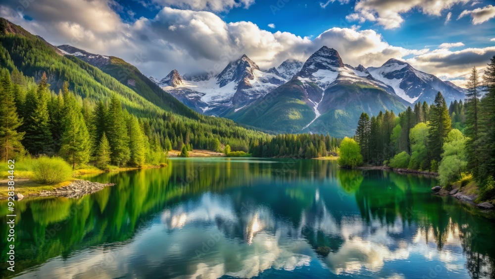 Serene landscape of snow-capped mountains touching the sky, surrounded by lush green forests and a tranquil lake, evoking a sense of peaceful retreat. Serene landscape of snow-capped mountains touching the sky, surrounded by lush green forests and a tranquil lake, evoking a sense of peaceful retreat.