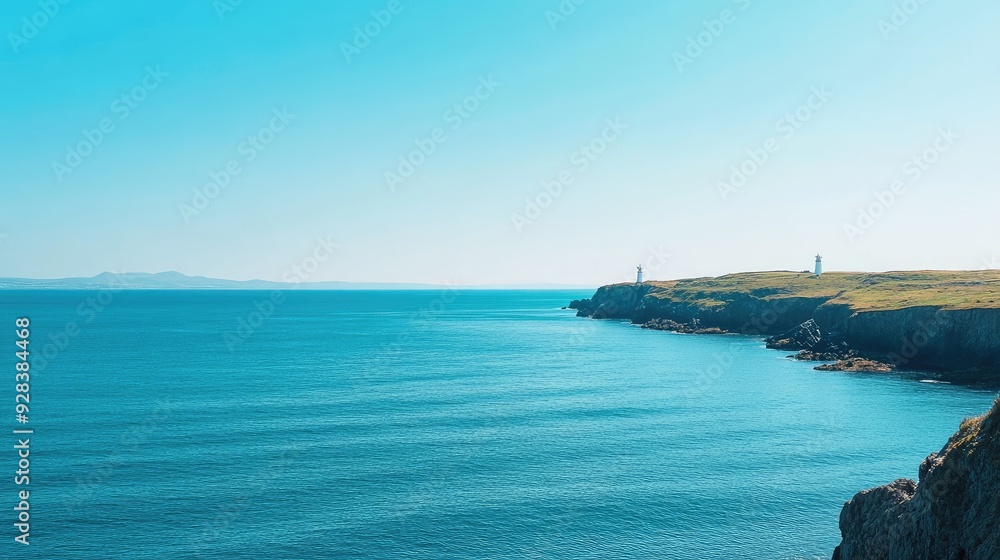 vA coastal sea view with blue waters, a lighthouse in the distance, and clear skies. - vA coastal sea view with blue waters, a lighthouse in the distance, and clear skies. -