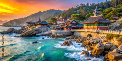 Serene Haedong Yonggungsa Temple stands majestically on a rocky coastline, its vibrant orange and blue hues contrasting with the turquoise ocean waves in Busan, South Korea. photo