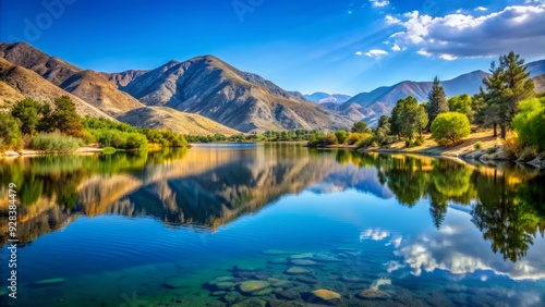 Serene Lake Isabella in California's Kern River Valley reflects the surrounding mountains and lush greenery, creating a peaceful atmosphere under a clear blue sky.