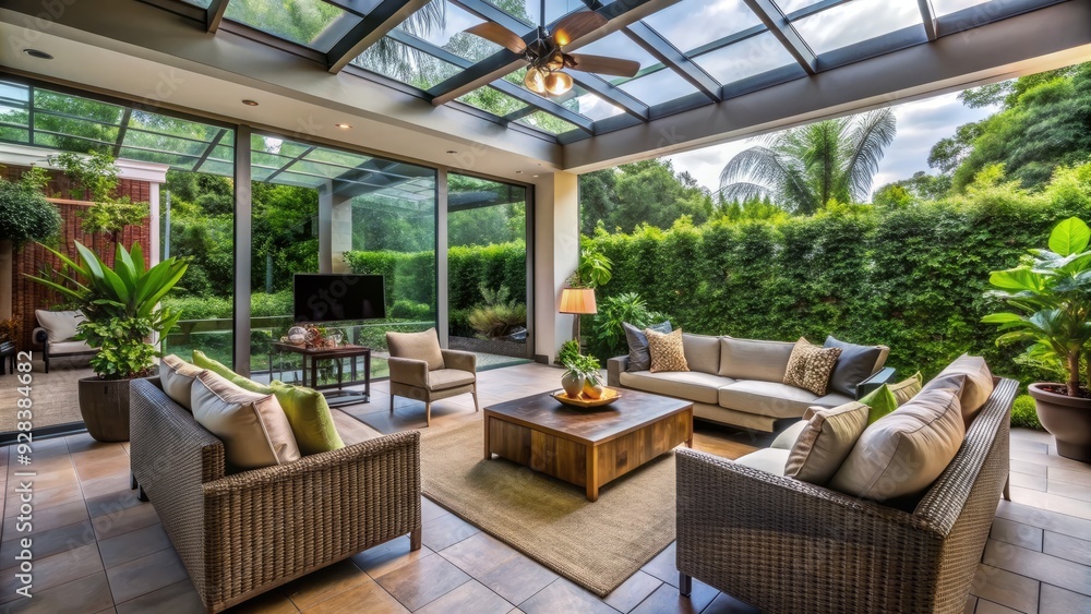 Fototapeta premium Serene outdoor living space with a large screen enclosure surrounding a comfortable patio area featuring lush greenery, outdoor furniture, and a tranquil ambiance.