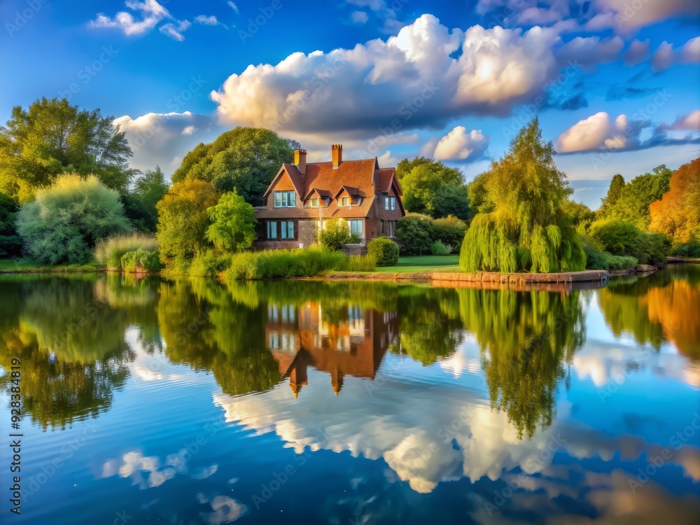 Obraz premium Serene Simpson Manor house stands amidst lush greenery near tranquil Caldecotte Lake in Milton Keynes, England, with a picturesque sky reflected in the lake's calm waters.