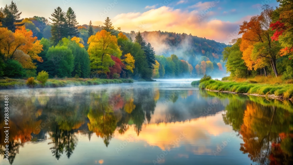 Serene stillwater river scene at dawn with misty fog rolling over calm waters, surrounded by lush green forest and vibrant autumn foliage reflections. Serene stillwater river scene at dawn with misty fog rolling over calm waters, surrounded by lush green forest and vibrant autumn foliage reflections.