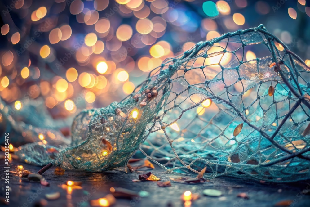shattered glass fragments entwined in discarded net suffocating debt subtle pastel colors delicate bokeh softbox shattered glass fragments entwined in discarded net suffocating debt subtle pastel colors delicate bokeh softbox