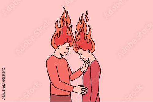 Emotional burnout of family couple with fire above heads, for concept of relationship problems. Man and woman need family psychologist after quarrel and disagreements with partner.