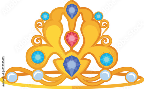 Golden crown with color jewels. Precious queen tiara