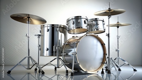 Shiny silver drum set placed on a seamless white background, with sticks lying on the floor, emphasizing the instrument's curves and intricate details.