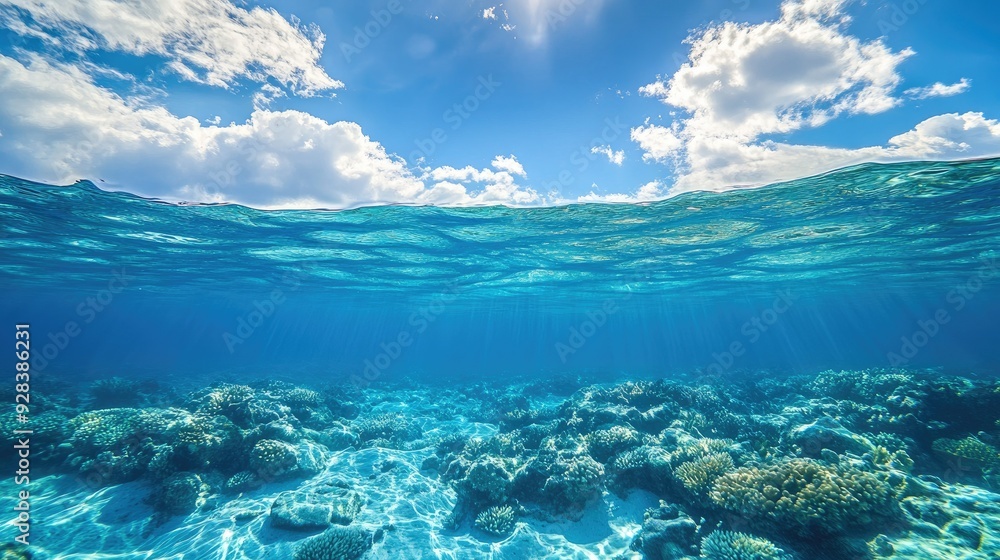 A crystal-clear blue sea with underwater visibility and marine life. A crystal-clear blue sea with underwater visibility and marine life.