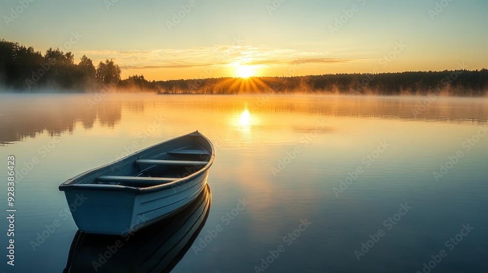 Obraz premium Rowboat on a Misty Lake at Sunrise