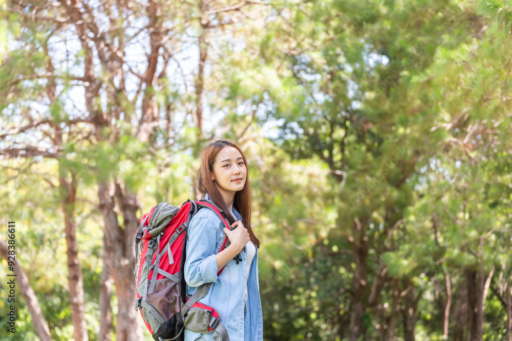 Woman Hikers Admiring and Forest walk and camping adventures Woman Hikers Admiring and Forest walk and camping adventures