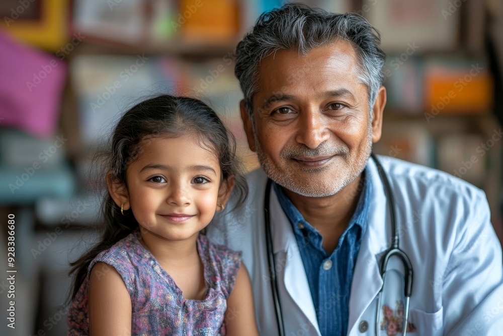 Indian asian small little girl visits Male doctor in clinic who is senior, elderly, old or matured, Generative AI Indian asian small little girl visits Male doctor in clinic who is senior, elderly, old or matured, Generative AI