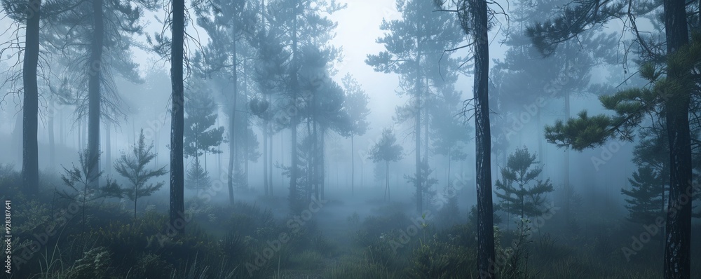 Fototapeta premium Tall pines in a foggy forest, 4K hyperrealistic photo