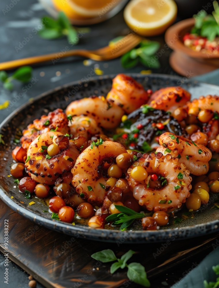 Gourmet Mediterranean dish Pulpo a la Gallega served on black plate, close up Gourmet Mediterranean dish Pulpo a la Gallega served on black plate, close up