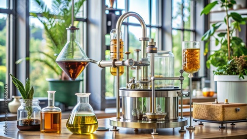 Steam distillation apparatus for extracting essential oils from botanicals, featuring a glass condenser and collection vessel in a laboratory setting.