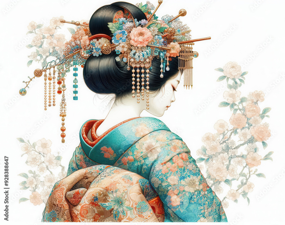 Fototapeta premium 日本画(Japanese painting)/美人画 美女 着物 anime イラスト