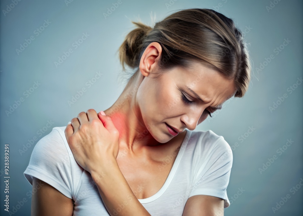 Tensed woman clutches her shoulder and neck, wincing in pain, highlighting the debilitating effects of myofascial pain syndrome, fibromyalgia, and scapular cervical spine discomfort. Tensed woman clutches her shoulder and neck, wincing in pain, highlighting the debilitating effects of myofascial pain syndrome, fibromyalgia, and scapular cervical spine discomfort.