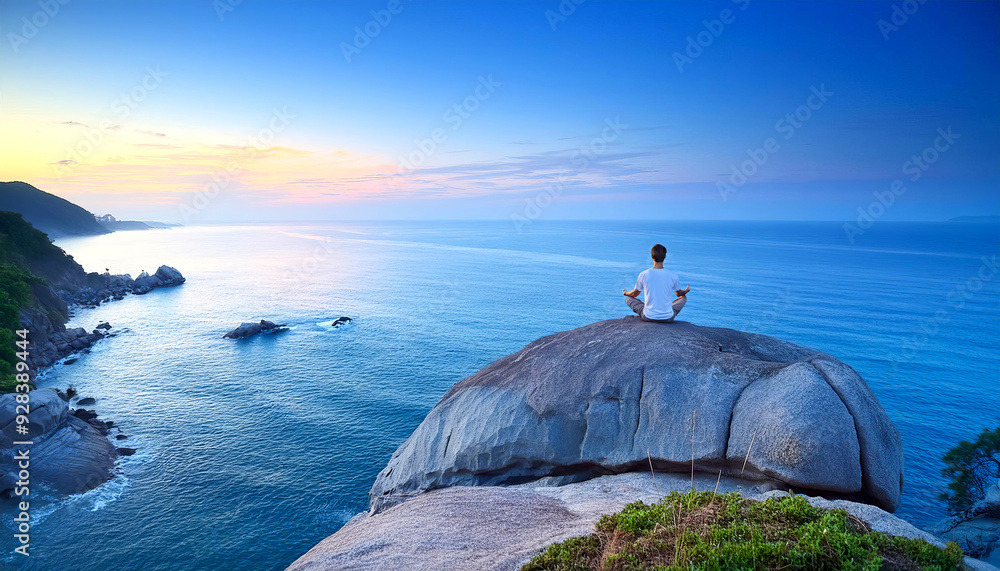 Serene landscape with a single figure meditating on a cliff overlooking the ocean, soft blue. 2 Serene landscape with a single figure meditating on a cliff overlooking the ocean, soft blue. 2
