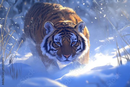 Majestic anime-style Tiger in the Snow: The Ideal Creative Poster for 2025 Winter Sports, Christmas, New Year, and Spring Festival Promotions,Anime-Style,illustration,Picture BooksFor Poster,Novel,UI, photo