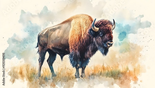 A watercolor painting of a lone bison standing in a meadow